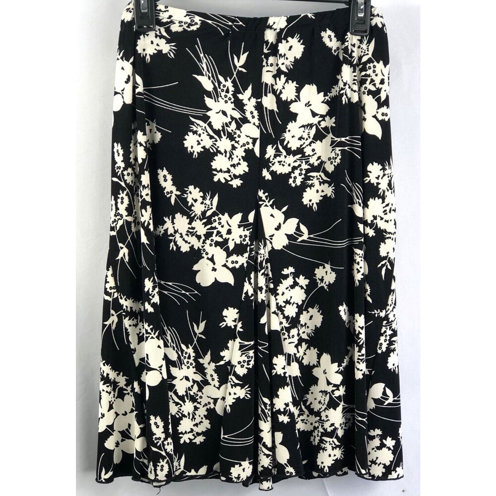 Vtg Flowy A-Line Swing Skirt XL Blk/Ivory Floral 33"Elastic Waist cottage career